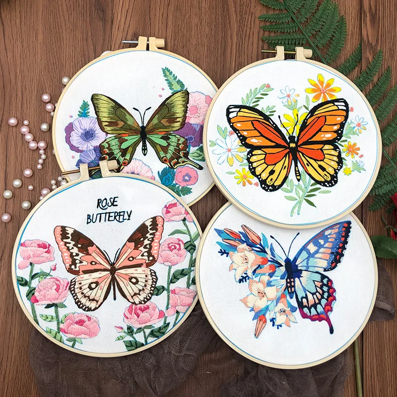 Butterfly Broidery Kit with flower Embroidery Kit for Beginners Needles Enough Embroidery Thread