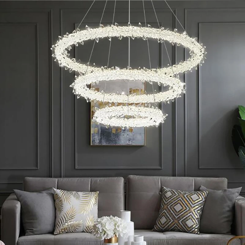 Modern LED Ice Cone Clear Glass Crystal Chandelier White Lustre Ring Pendant Light Home Decor Living Room Suspension Luminaries