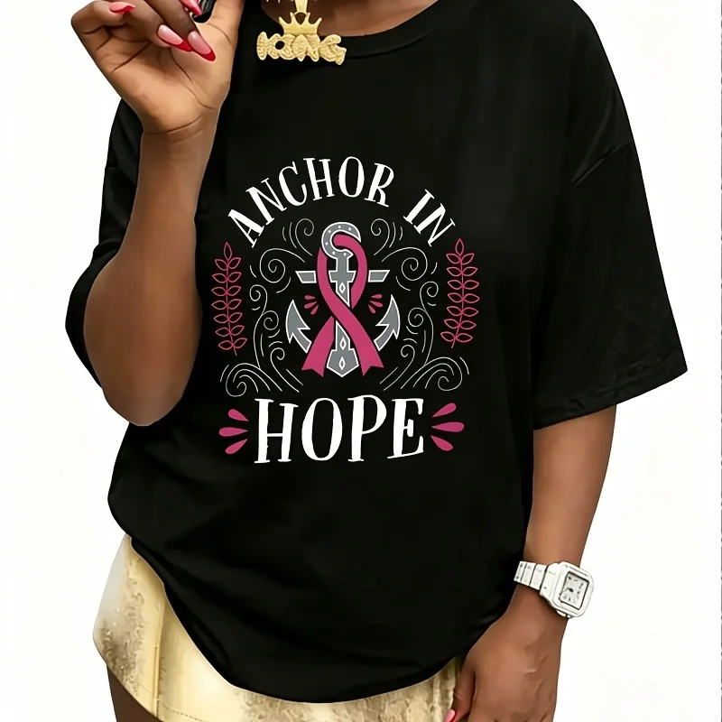 Anchor in Hope Breast Cancer Awareness Gift Graphic Women's 100% Cotton T-Shirt Short Sleeve Top Casual Round Neck Fun Print Tee S-5Xl