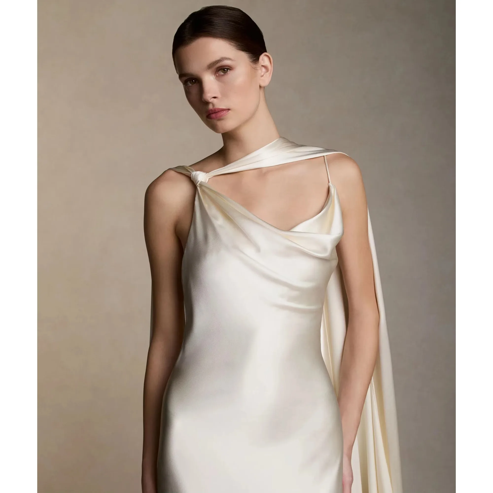 BIGDAY Satin Wedding Dress  Deep Open Back with Flowing Cape with Draped Details Bridal Gown Custom Made Elegant Wedding Dress