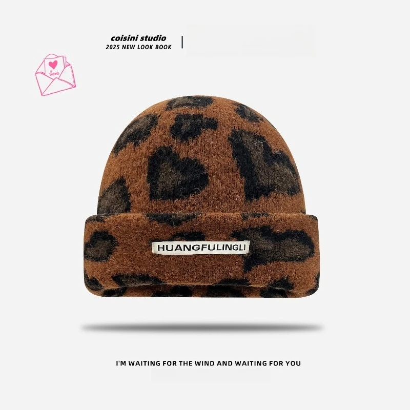 الكورية الخريف والشتاء شخصية الرجعية الحب ليوبارد طباعة البلوز القبعات للنساء الدافئة متماسكة Skullies Beanies #3