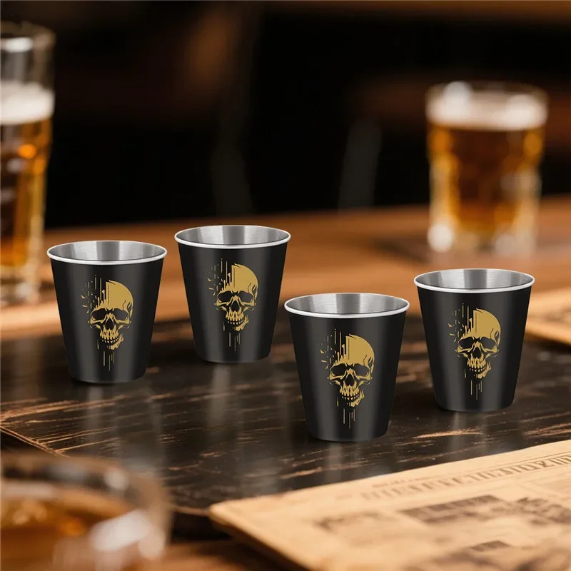 4pcs/set 70ml/2.39oz Skull Head Pattern Shot Glasses Metal Wine Liquor Cups for Kitchen Club Party Barware Event Wedding Gift