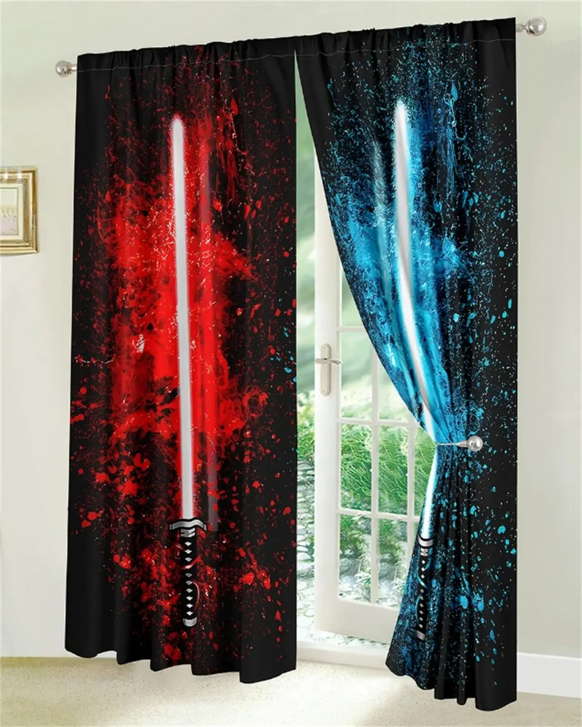 Fluorescent sword aurora cool neon 3D Light Filtering Drapes Window Curtain for Living Room Bedroom 2 Pieces Decor