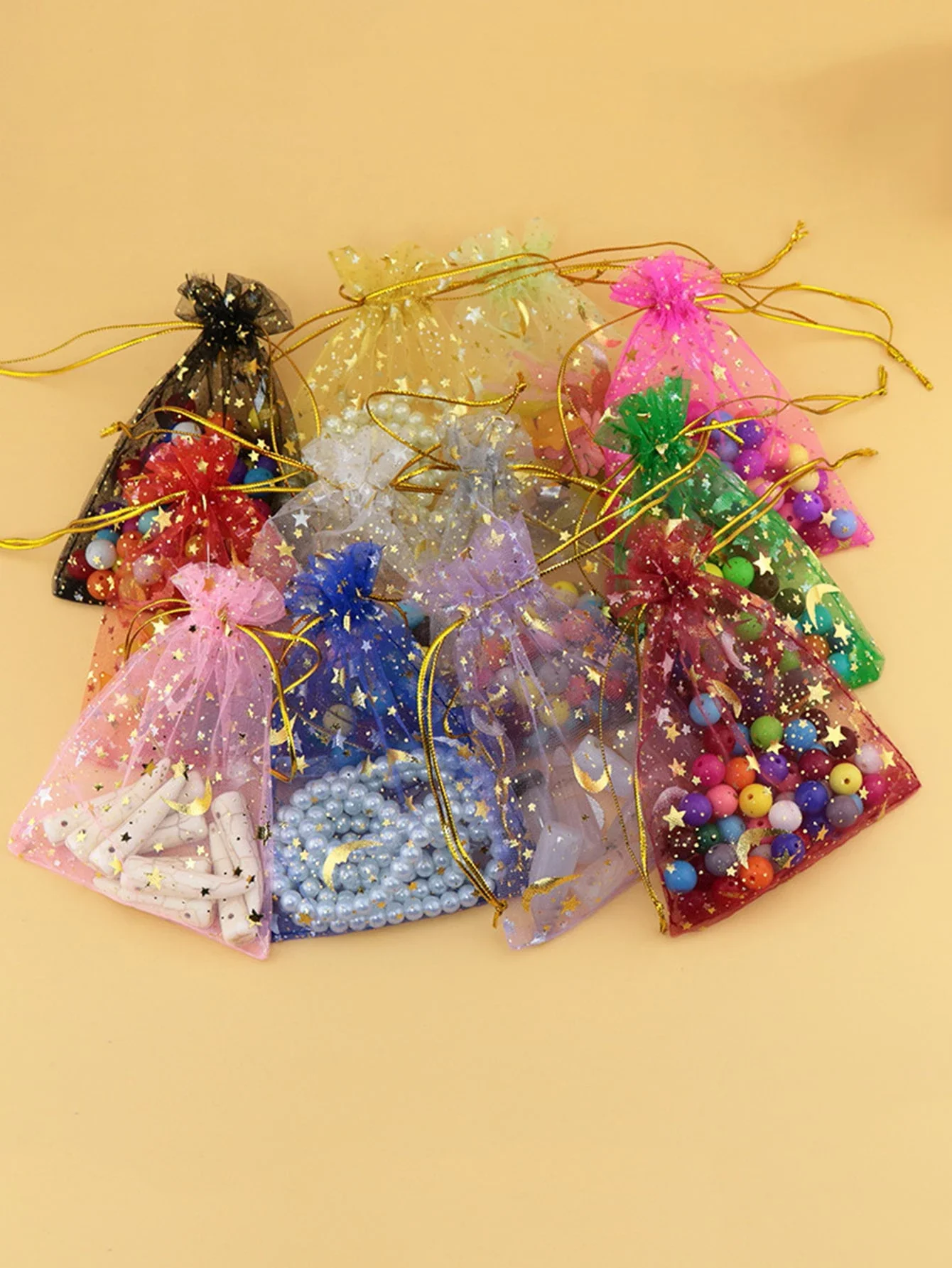 100PCS - Mesh Bag Cosmetic Bag Hot Stamped Star Moon Bundle Mouth Drawstring Bag Eugen Yarn Bag Gift Candy Bag