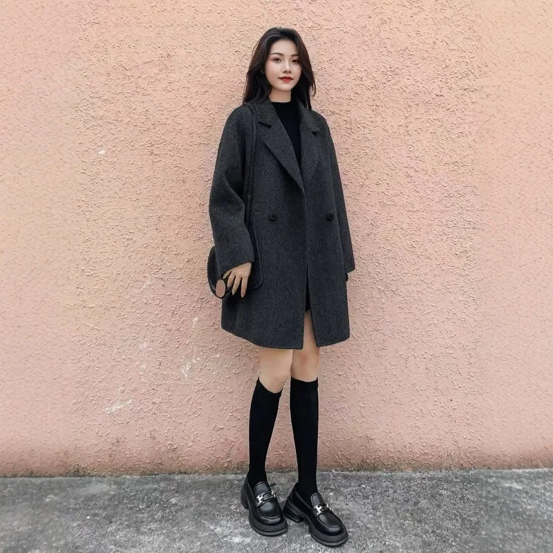 Women's Double-sided Cashmere Autumn and Winter New Woolen Coat Mid-length Black Korean-style High-end and Fashionable Fashion