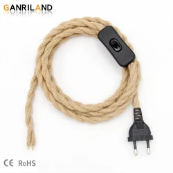 GANRILAND EU Plug Twisted Hemp Rope Power Cord Retro E27 Lamp Base Socket Cable 2/3 Meters Twine Switch Wire For Lighting Decor