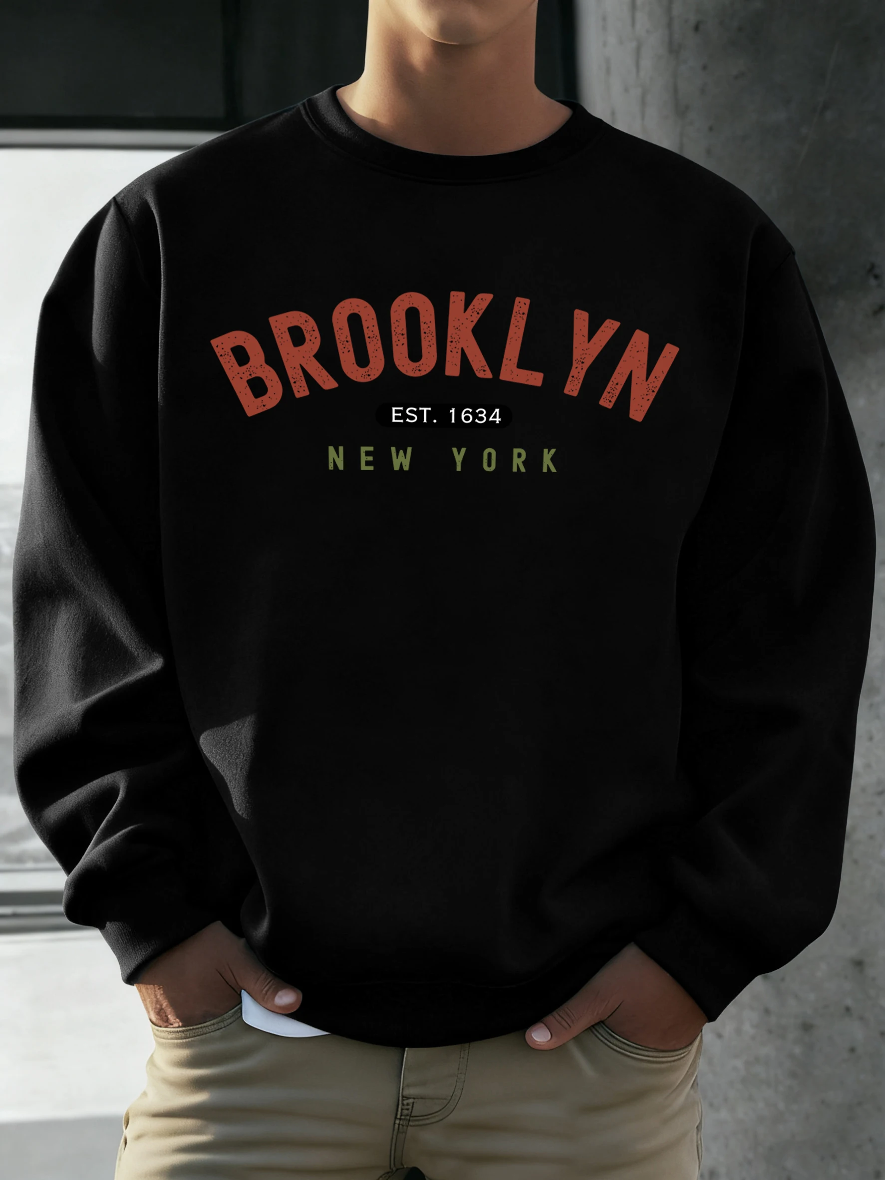 Brooklyn New York Est.1634 Print Streetwear Männlich Fleece Sweatshirt Herbst Casual Oansatz Kleidung Unisex Vintage Weiche Lange Hülse
