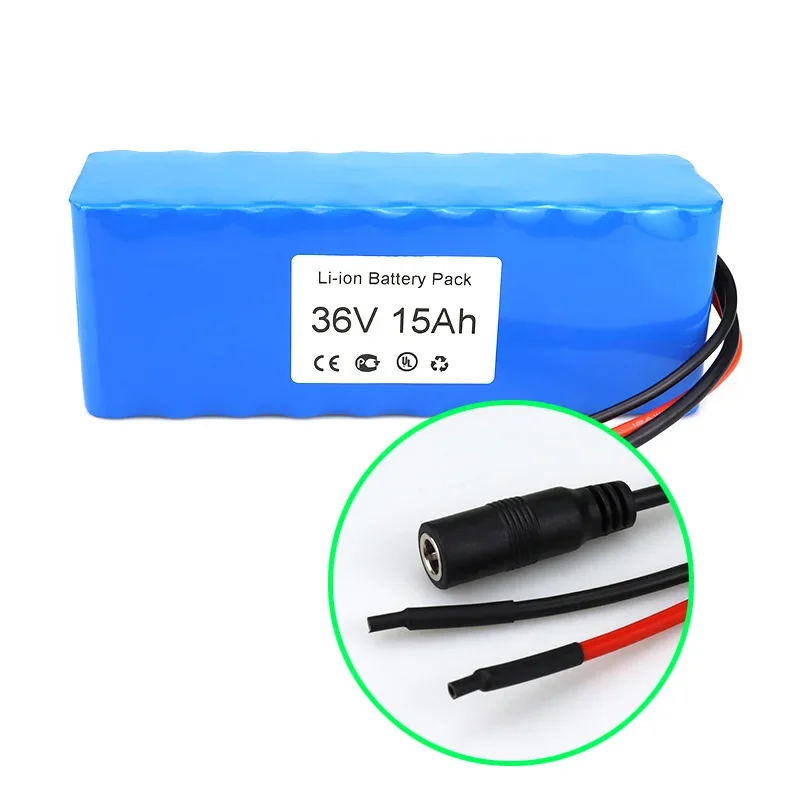 2024 Hot New 36V Ebike Li-ion Battery 15Ah Wire + DC5.5*2.1 Connector And BMS For Ebike Battery Pack