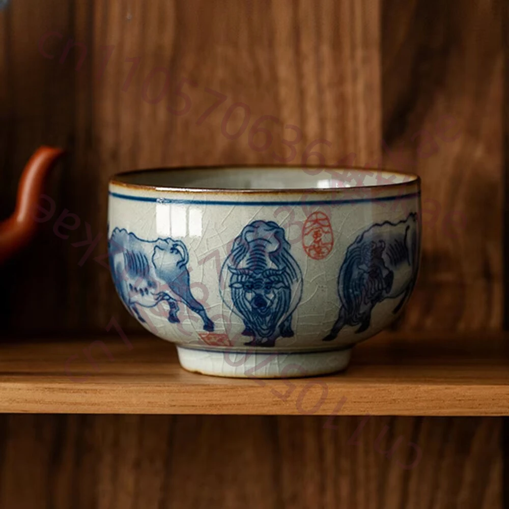 Taza de té de cerámica antigua de arcilla Ru Kiln, cuenco de té azul y blanco, juego de té chino
