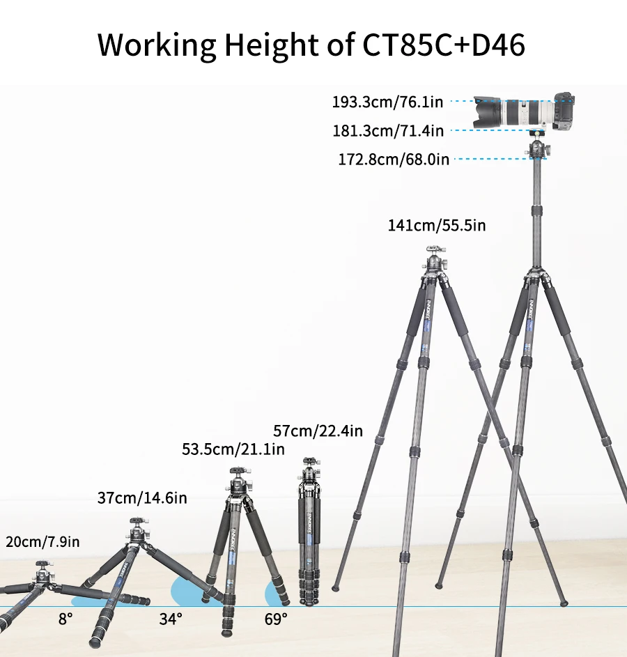 INNOREL CT75C/85C Kohlefaser-Stativ für DSLR-Kamera, robuster Ständer, Kugelkopf mit geringer Schwerkraft und verstellbarer Mittelsäule – Detail 11