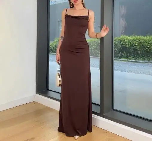 

Summer 2025 Sexy Slim Fit Backless Dress for Women, Solid Color Square Collar, Waist Cinched Backless A-Line Suspender Dress