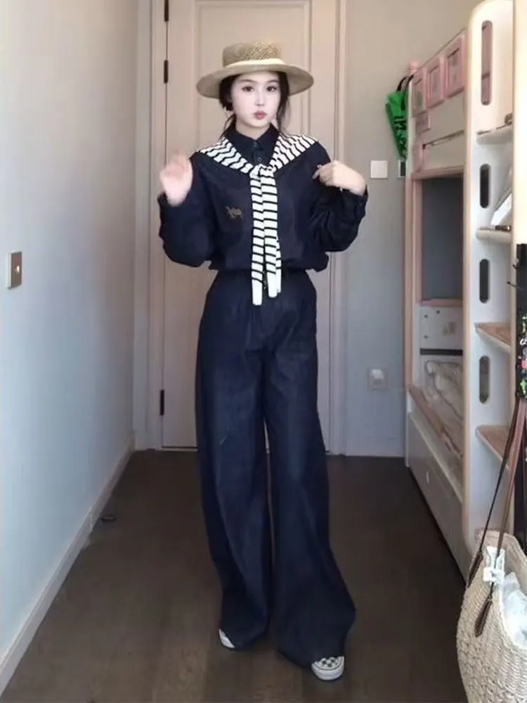

Korean Style Three-Piece Set Commute Simple Denim Long Sleeve Shirt with Stripe Shawl Women Wide Leg Jeans Autumn Fashion