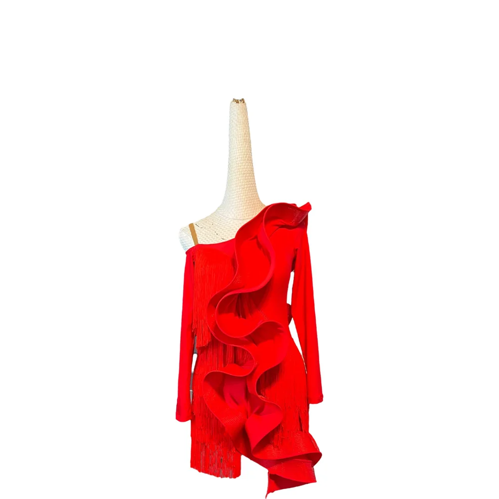 Latin Dancer Adult Children High-End Customized Irregular Ruffled Edge Cha Cha Samba AB Diamond Performance Dress