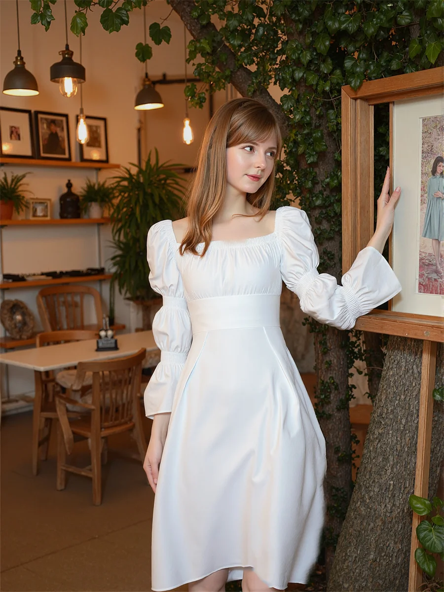 女性用ドレス 女性用 パーティー エレガント スクエアカラー フォールド フリル フリル ボウタイアップ ドローストリング ソフト ヴィンテージ ボヘミアン ロマンチック