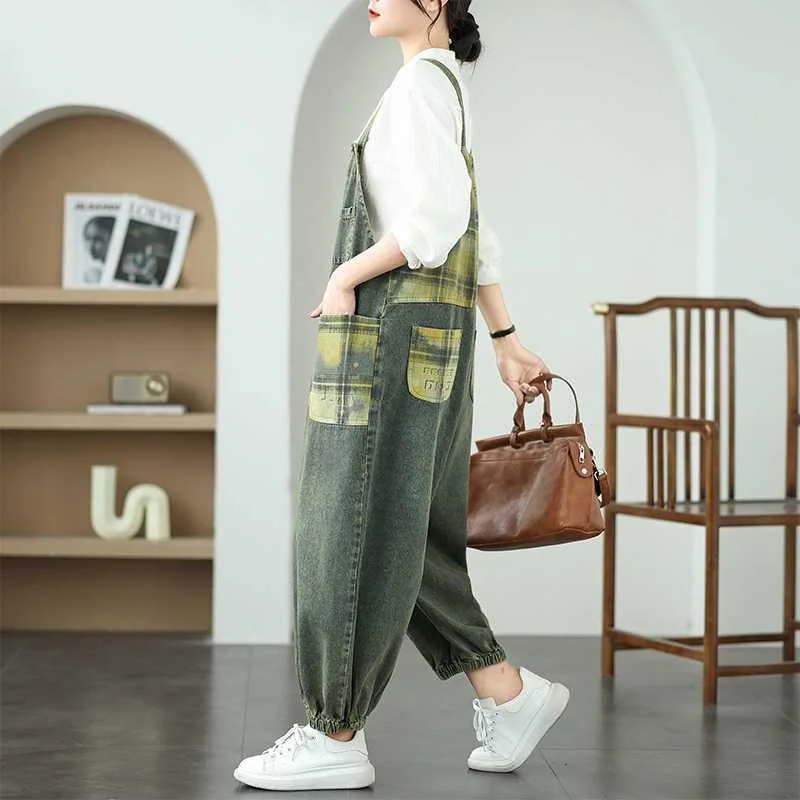 Tuta di jeans con giunture a griglia per la primavera autunno 2025 Nuova tuta retrò a gamba larga da donna Pantaloni Harem larghi versatili alla moda