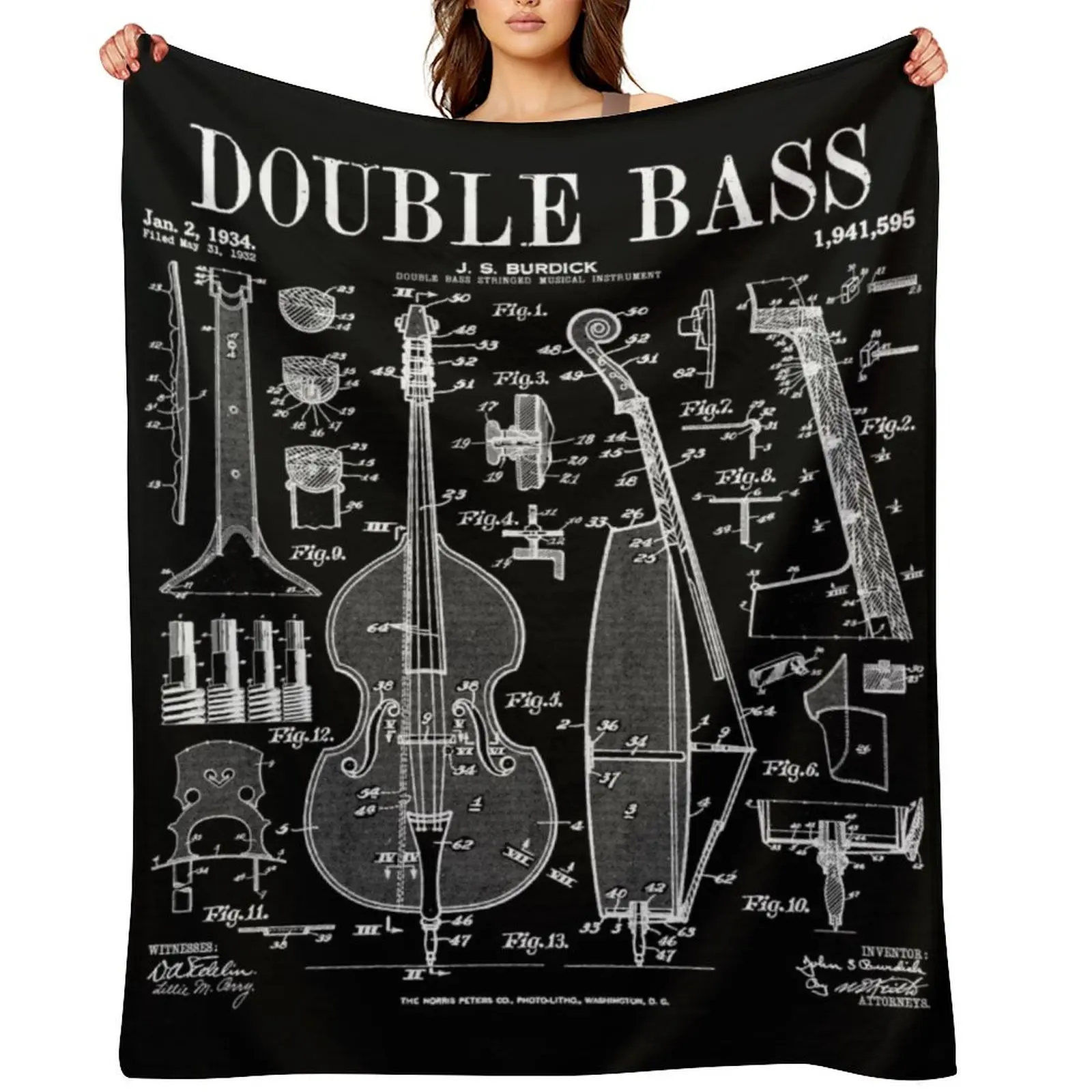 

Double Bass Player Bassist Musical Instrument Vintage Patent Throw Blanket funny gift Stuffeds Soft Big Hair Blankets
