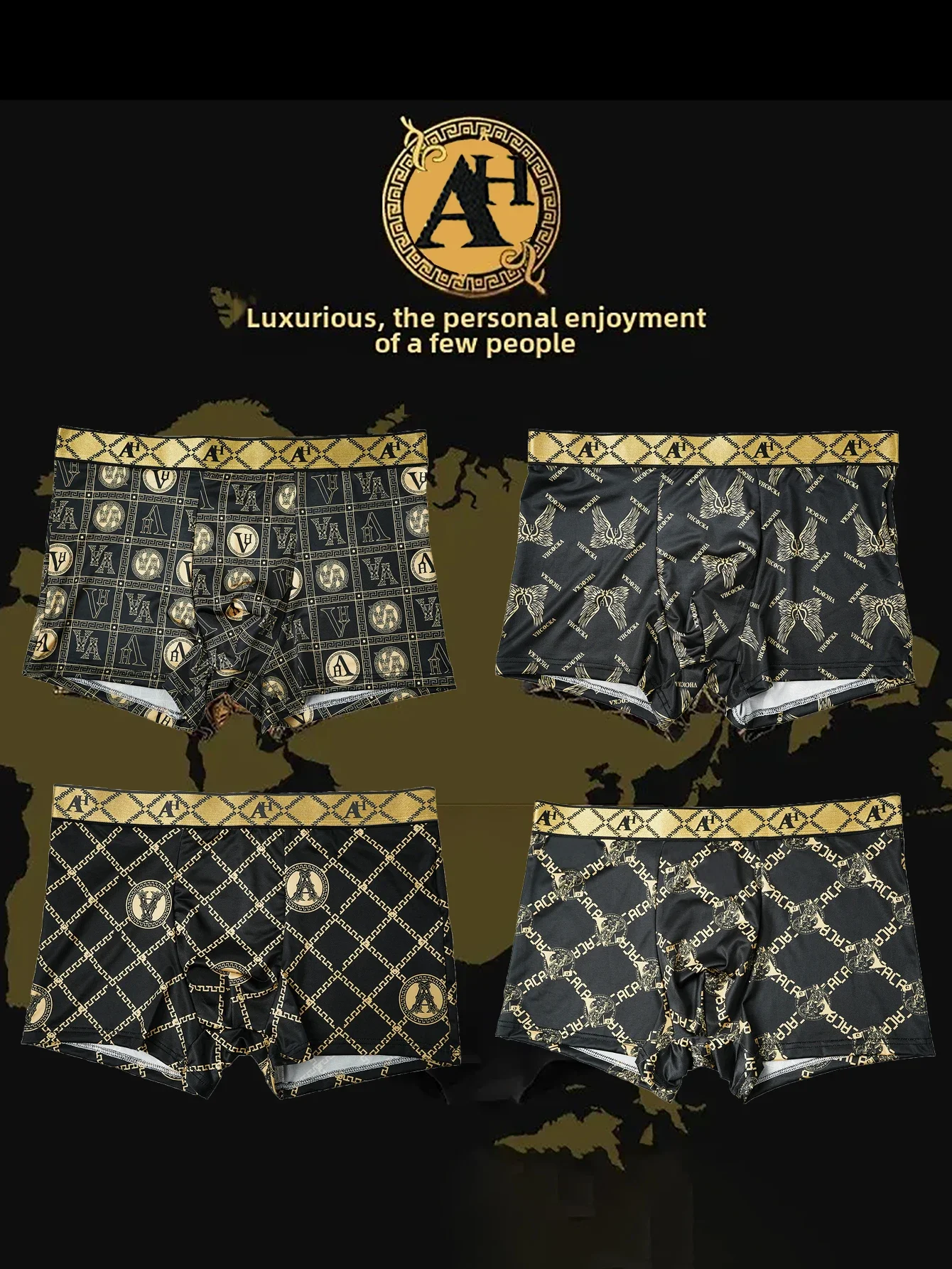 4PCS Men Luxurious Gold Printed Flat Corner Underwear with Logo Waistband Silky Smooth Soft Breathable and Comfortable Underwear