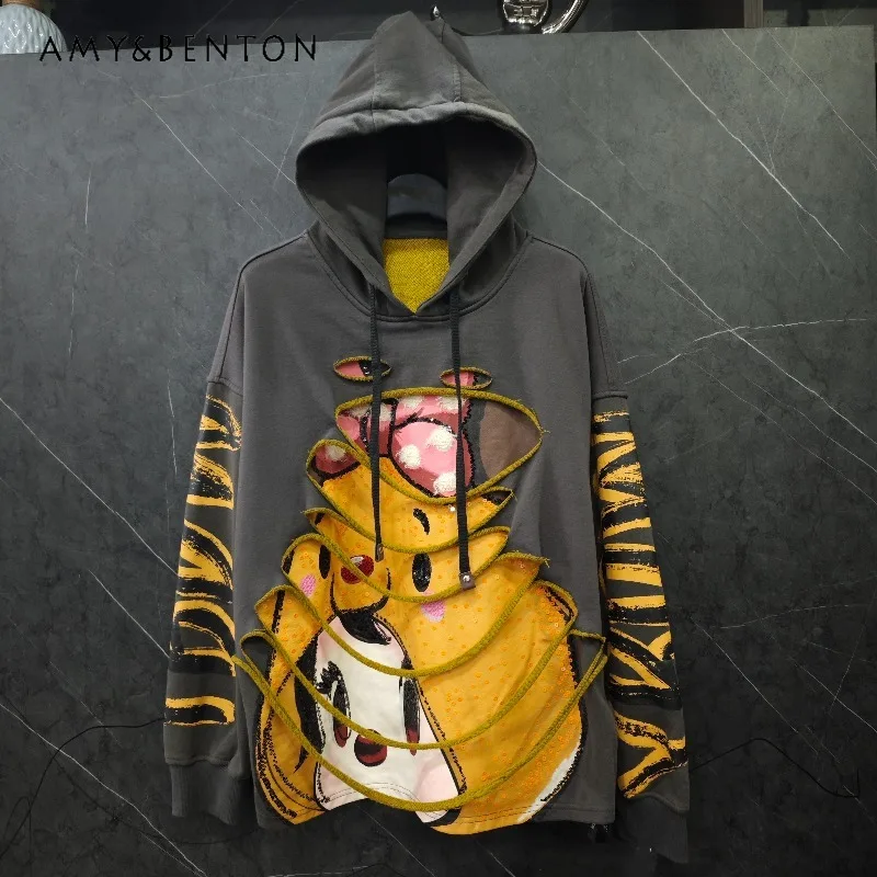 2025 automne industrie lourde nouveau chapeau fille faux deux pièces conception sweat à capuche femmes ample décontracté polyvalent haut à capuche manteau