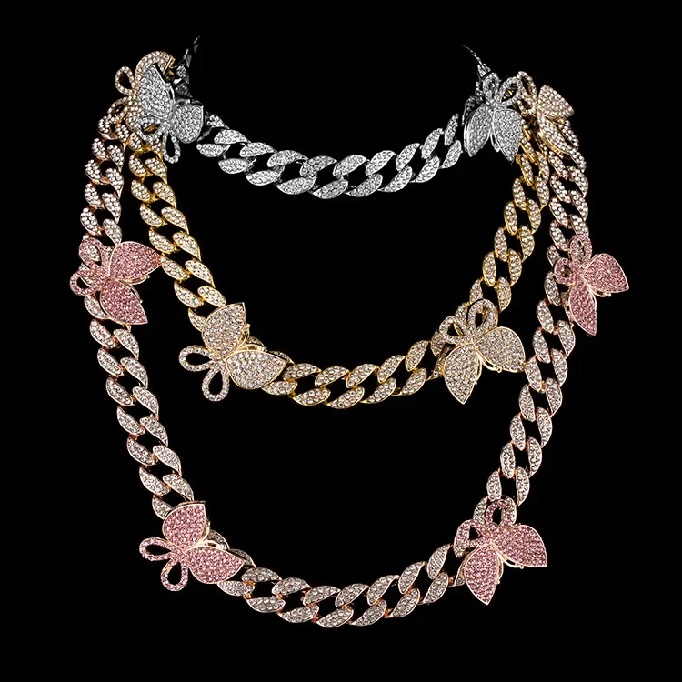 

All Pink CZ Stone Bling Ice Out 4pcs Butterfly Setting Cuban Miami Chain Chokers Necklaces for Men Women Hip Hop Rapper Jewelry
