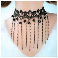Vintag Classic Lace Choker Necklace For Women Black White Crystal Pendant Charm Choker Necklace Fringed Collar Boho Body Jewelry