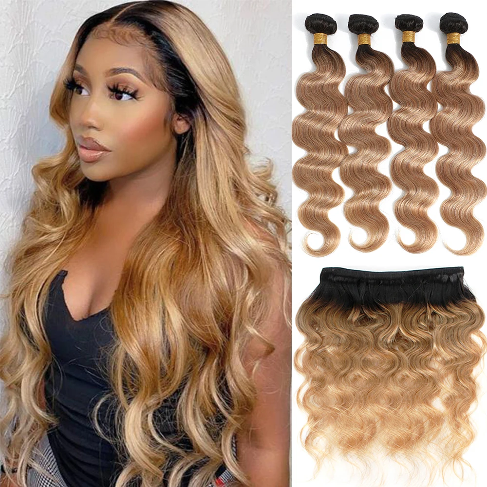 Ombre Blonde Body Wave 3 4 Bundles Colored Brazilian Remy 100% Unprocessed Human Hair Wavy Doule Drawn Bundles Weave Extensions