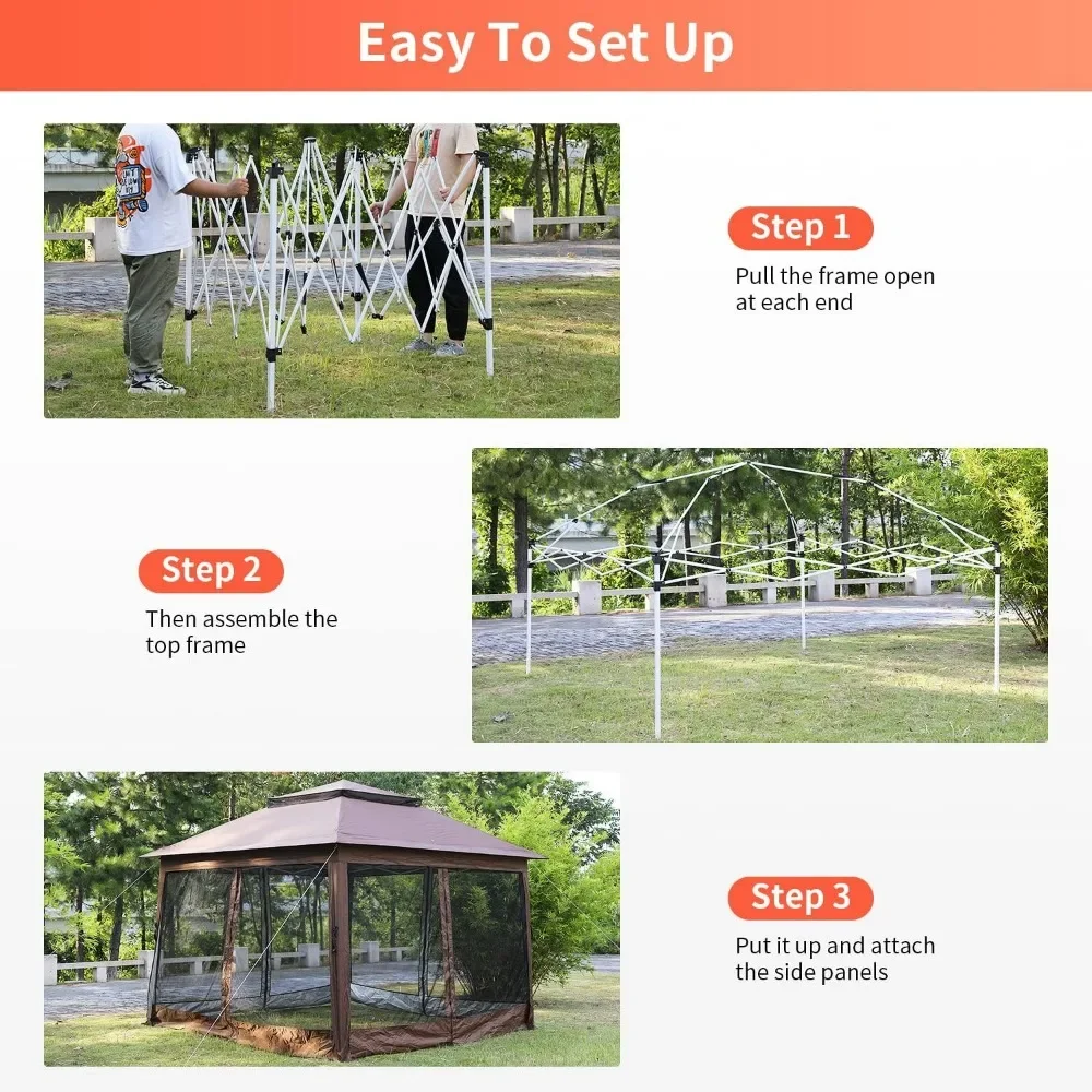 10 'x 10' Pop Up Gazebo, kanopi luar ruangan Gazebo, kanopi teras, dengan jaring nyamuk, atasan atap ganda untuk taman luar ruangan