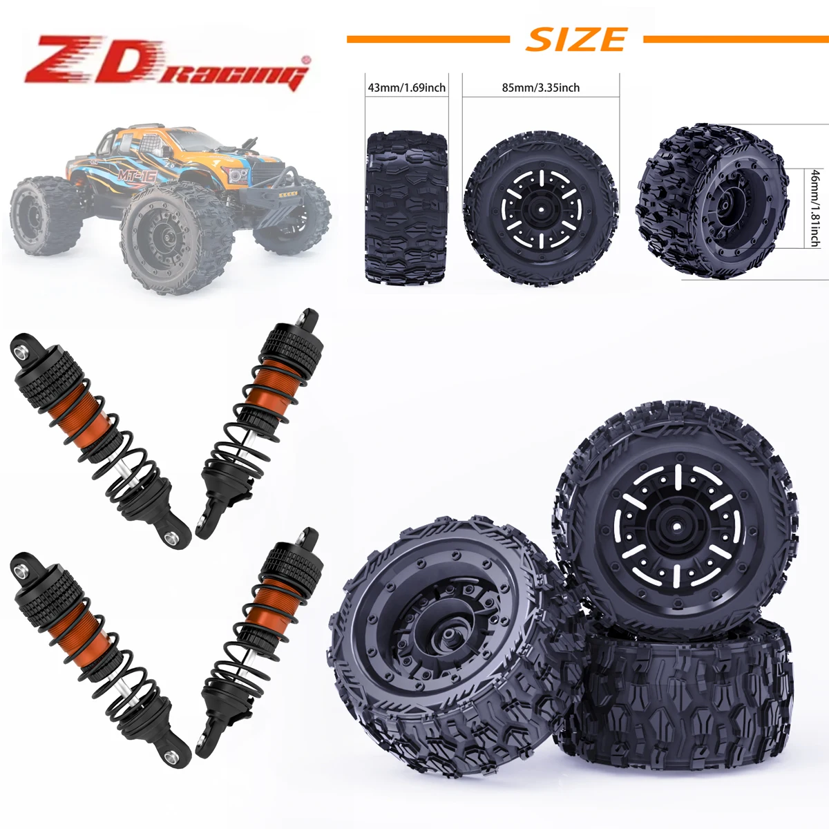 

ZD RACING 4PCS Front and Rear Shock absorber 85mm Wheels Tires 12mm Hex For MT-16 1/16 Remote control Off-Road Car Parts