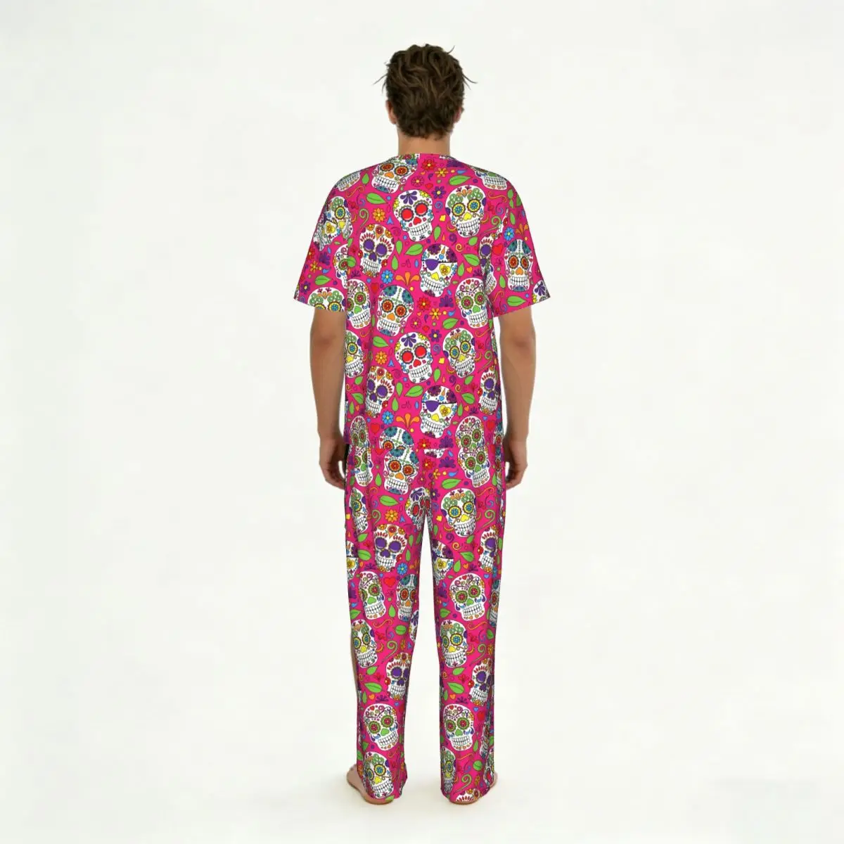 Men Pajamas Suit Short Sleeved Long Pants Day Of The Dead Sugar Skull Sleepwear Summer Home Clothing Set view 4