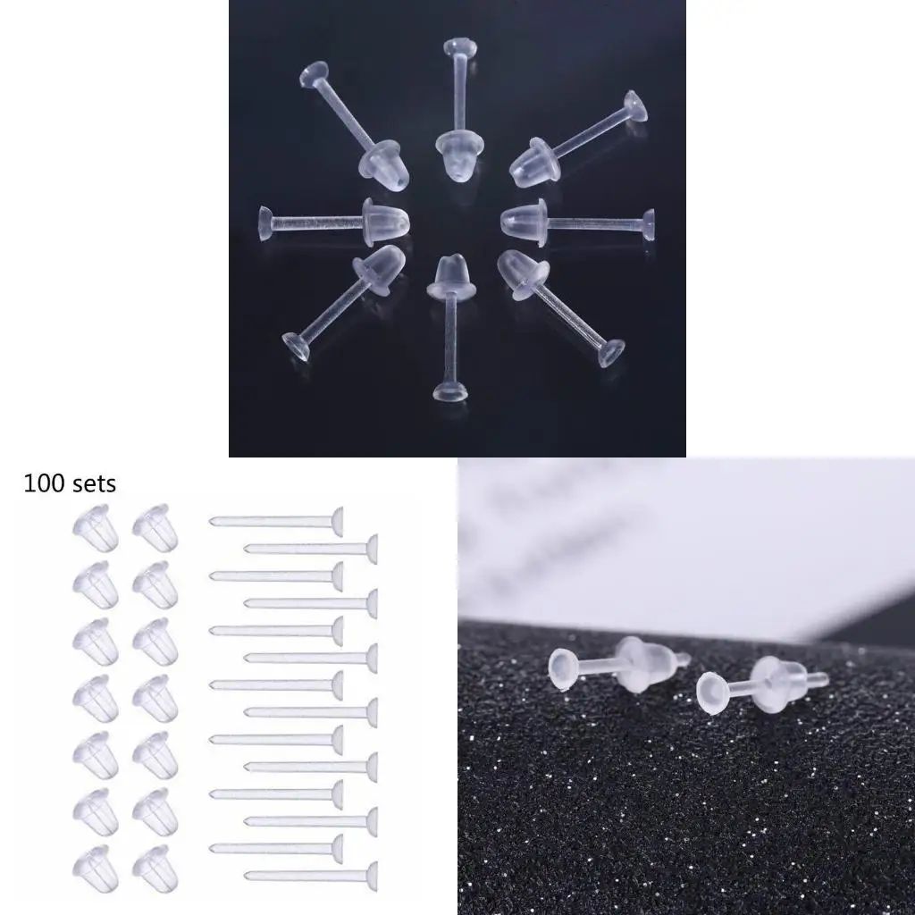 195C 100 Sets Plastic Earring Posts & Backs for Sensitive Ear Invisible Sport Earring
