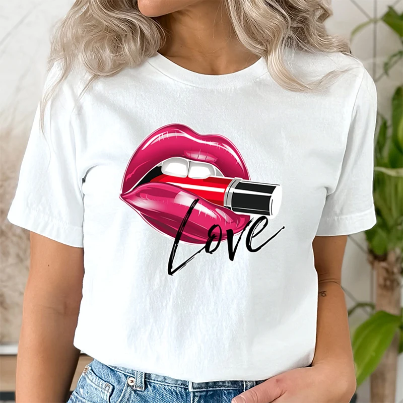 Casual Tee Shirt Lady Clothes Top Short Sleeve Casual Fashion Tshirt Summer Female T Women Makeup Sexy Lips Graphic T-shirts