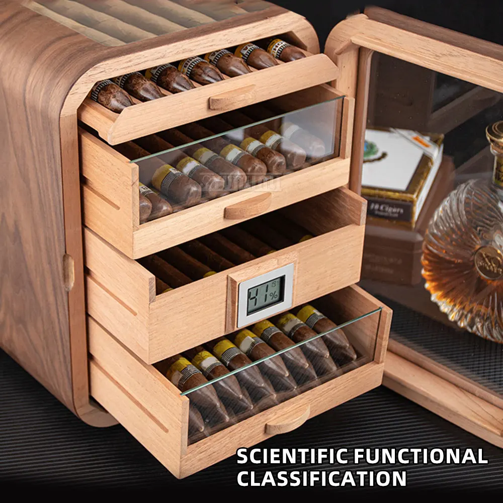 Three-Tier Cigar Humidor: Cedar Wood, Large Capacity, with Viewing Window, Grain Cigar Aging and Humidification Cabinet
