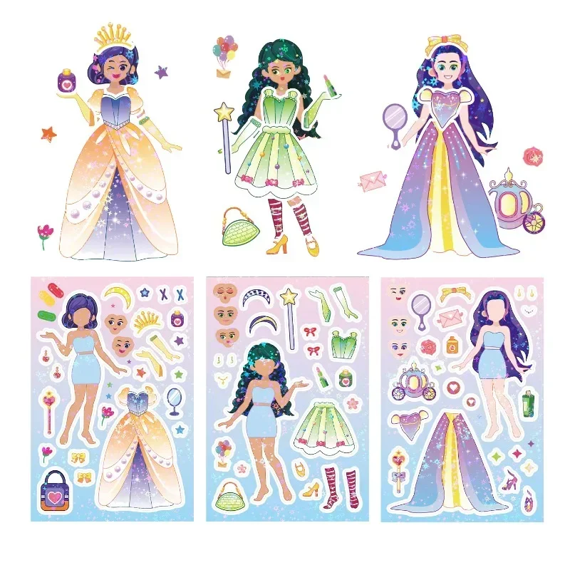 Fairy Tale Princess Face Changing Stickers 8 Cute Colorful Hand Account Material Stickers Cartoon Girl Puzzle