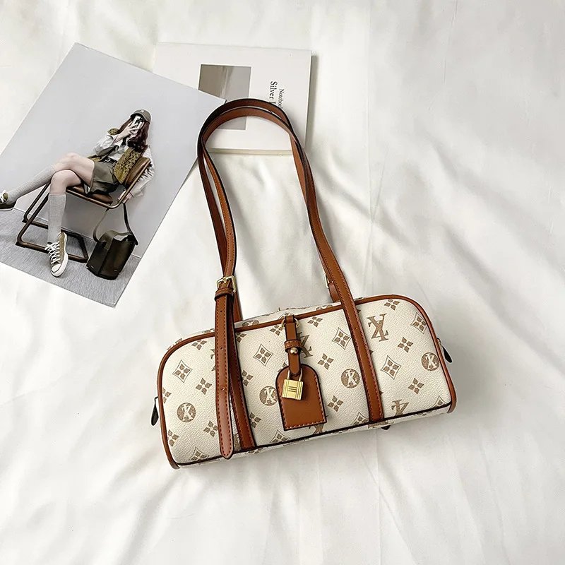Women Retro Printed Cylinder Shoulder Bag, Classic Vintage Pattern Boston Handbag, Ladies Adjustable Strap Underarm Purse for Da