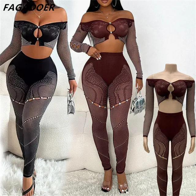 FAGADOER Gruby koronkowy seksowny 2-częściowy zestaw damski Off Shoulder Long Sleeves Crop Tops and Pants Odzież damska Elastyczna odzież klubowa