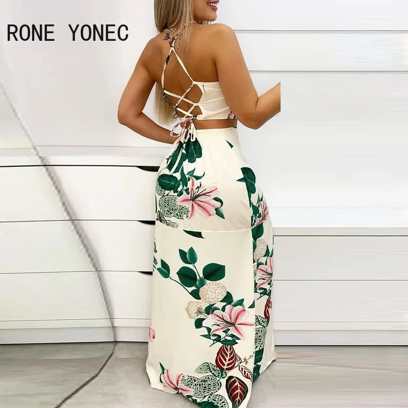 Women Casual Sleeveless Crop Tops Floral Print Halter Lace Up cris cross button high silt Skirt Maxi Vacation Skirt Sets