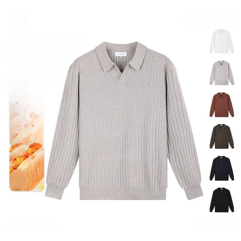

Casual Long Sleeve Knitted Shirt Pure Color Collar Old Money Style Men's Fashion Urban Clothing Straight Tube Type Polye...