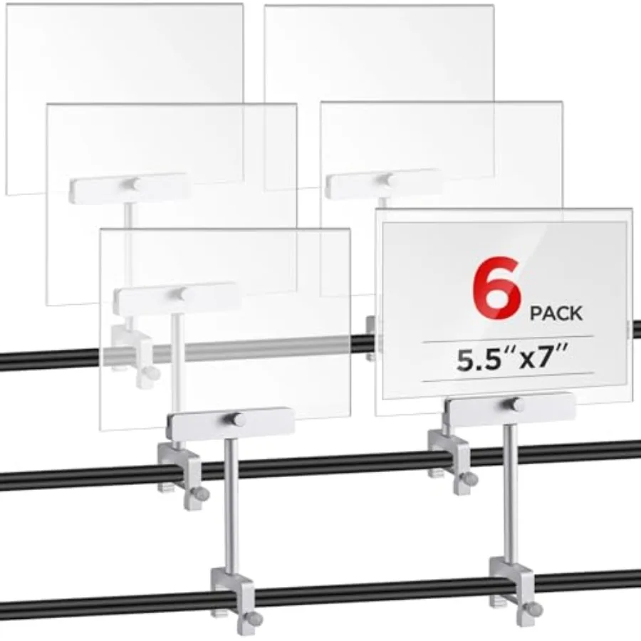 

6 Set 5.5 x 7 Inch Aluminum Alloy Retail Sign Holder with Clamp Acrylic Frame Clothing Rack Clip on Sign Holder for Retail Stor