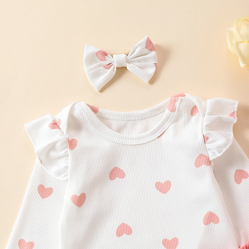 Baby Clothing Infant Girls Cute Three Piece Set Heart Print Long Sleeves Bodysuit Suspender Dress and Hair Tie Baby Sets