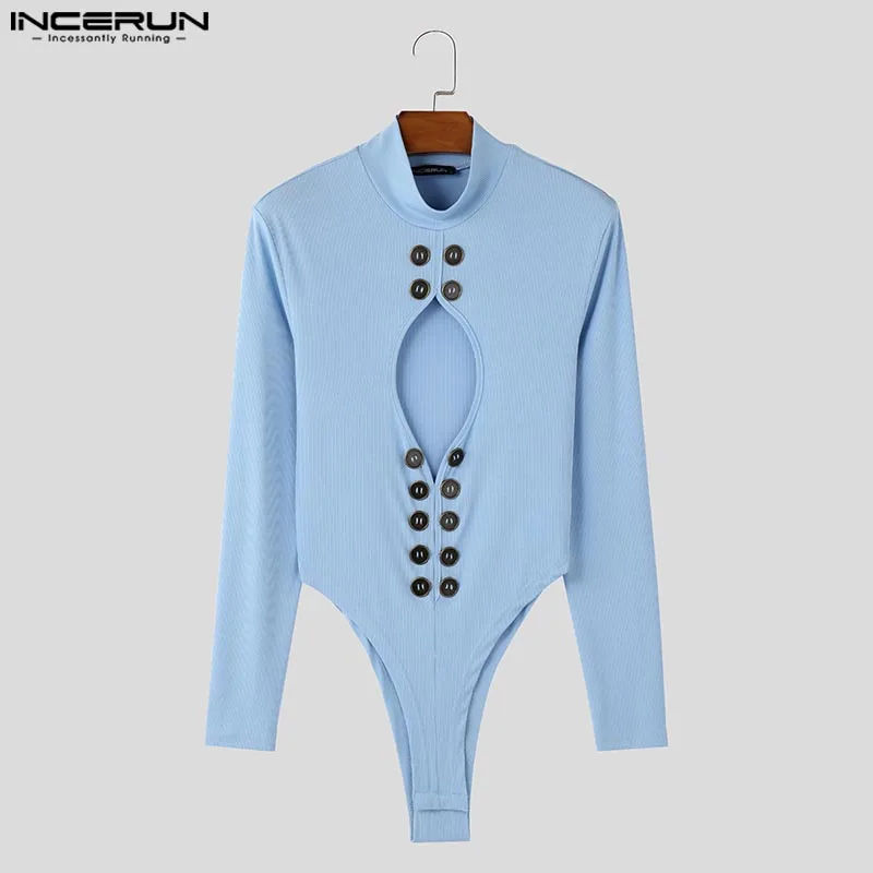 INCERUN 2024, moda de estilo americano, ropa de casa para hombre, mono con diseño de botones ahuecados, monos sexis informales de manga larga con cuello alto