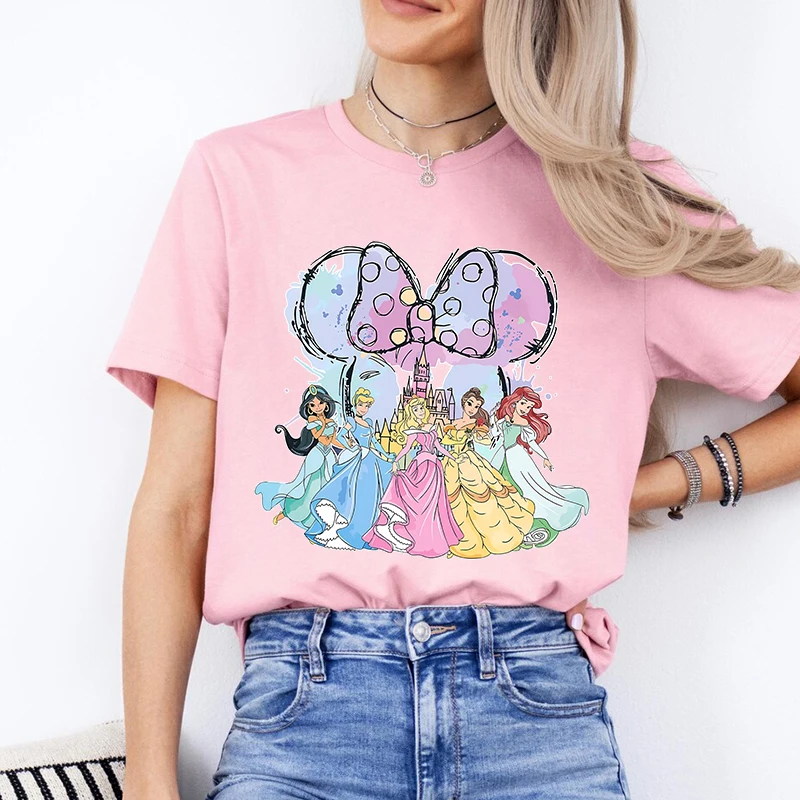 Disney Princesses Minnie Head Printed Women's T-Shirt Pure Cotton Short Sleeve Casual Tops Cartoon Clothing