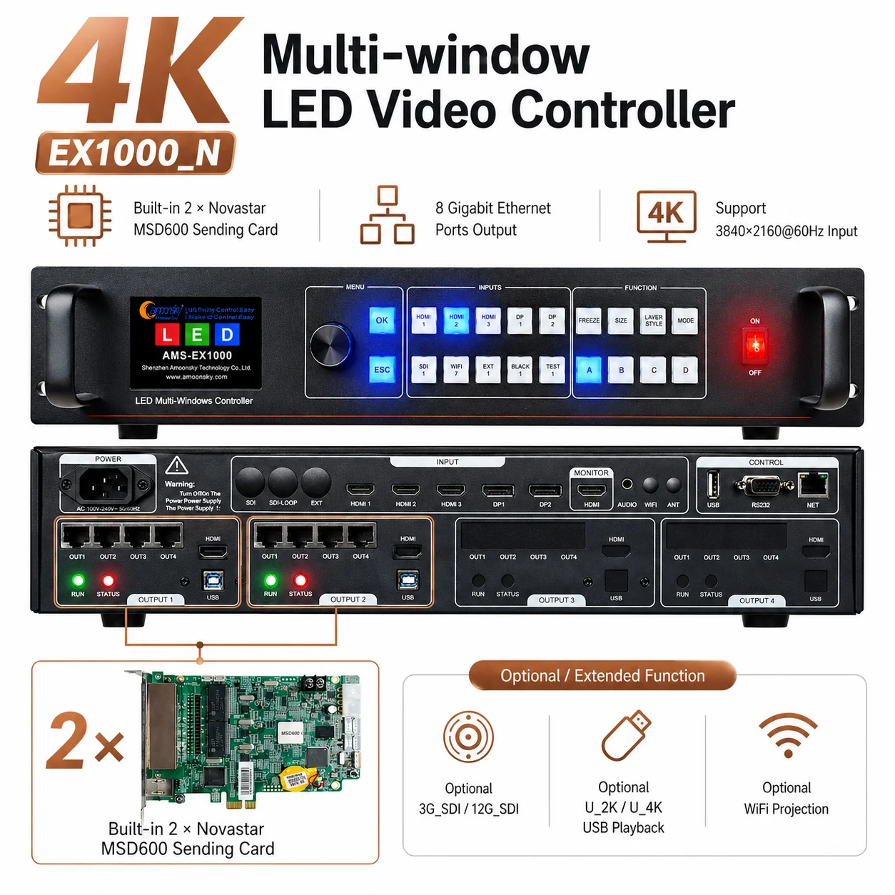 EX1000 LED Video Controller Similar to Novastar VX400 VX600 VX1000 All in One LED Wall Display Processor for Stage Rental Events