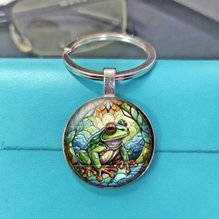 Vintage Thin Gold Line Grid Stained Glass Tree Frog Glass Cabochon Keychain, Retro Rainforest Decorative Carry Keychain Charm