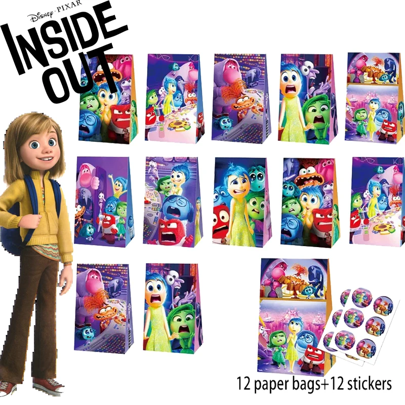 

Disney Inside Out 2 12pcs Gift Bags Cartoon Figure Sadness Anger Joy Raft Paper Candy Bags Paper Sack Children's Party Supplies