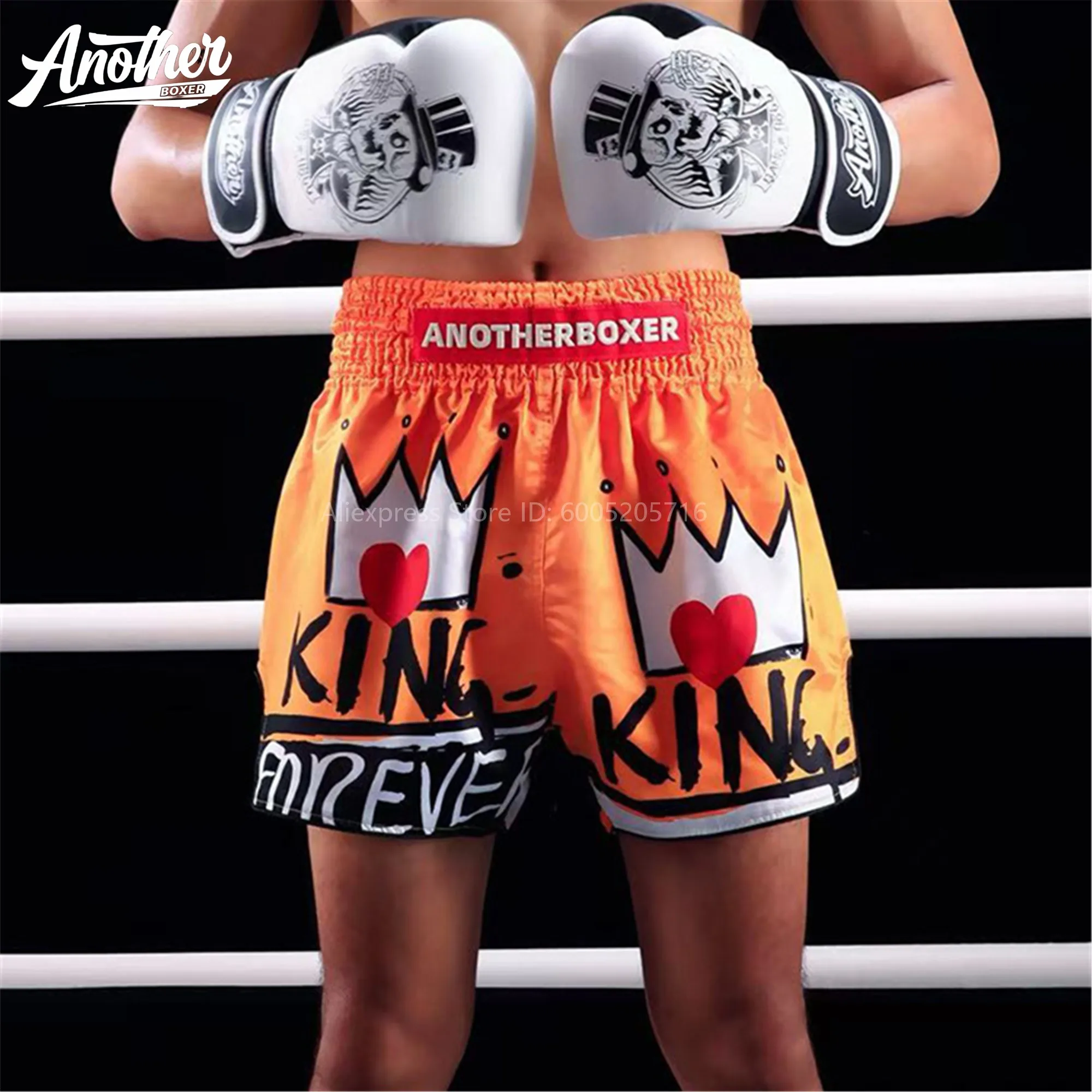 Crown Red Heart King Forever Muay Thai Shorts Orange Graffiti Design Boxing Fight Shorts for Kickboxing MMA Training Gym Workout