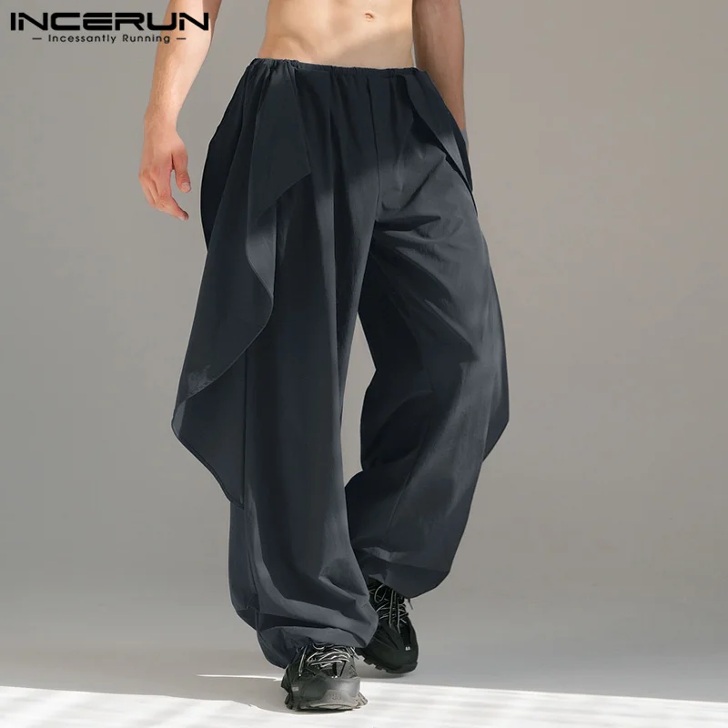 INCERUN Men Casual Long Pants 2024 Deconstruction Fake Two Piece Trousers Solid Color American Fashion Loose Male Bottoms S-5XL