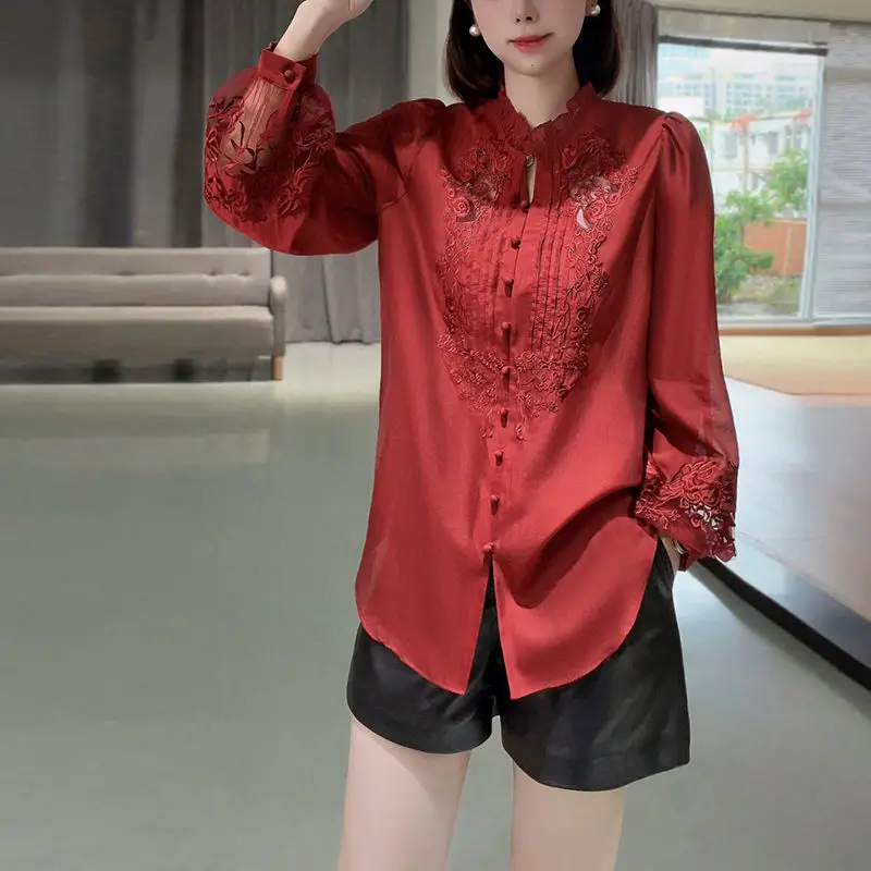 2024 Spring and Autumn Retro Chinese Style Fashion Blouses Long Sleeve Stand Up Collar Solid Color Embroidered Women\'s Shirt Top