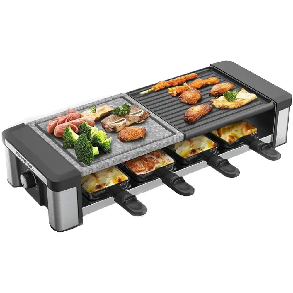 

8-Person 1200W Indoor Raclette Grill with Natural Stone and Reversible Plate for BBQ, Cheese Melting, and Family Gatherings