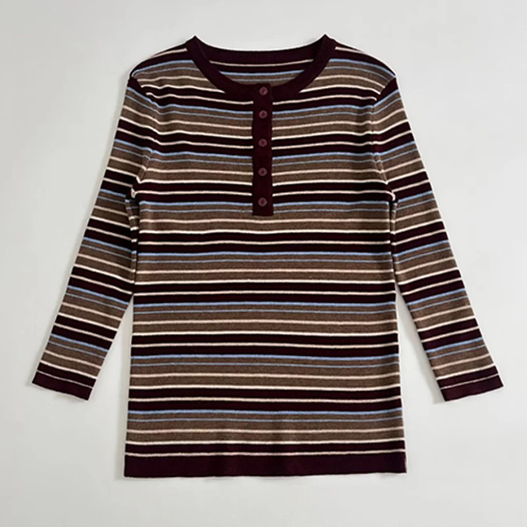 

Jenny&Dave Minimalist Fashion Retro Striped Round Neck Long Sleeved T-shirt Rib T-shirt Woman Clothes Female Clothing Tops