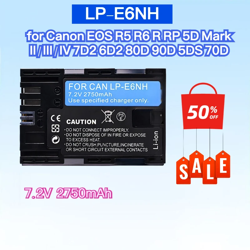 

2750mAh Fully Decoded LP-E6NH Battery Compatible with Canon EOS R5 R6 R RP 5D Mark II/III/IV 7D2 6D2 80D 90D 5DS 70D SLR Camera