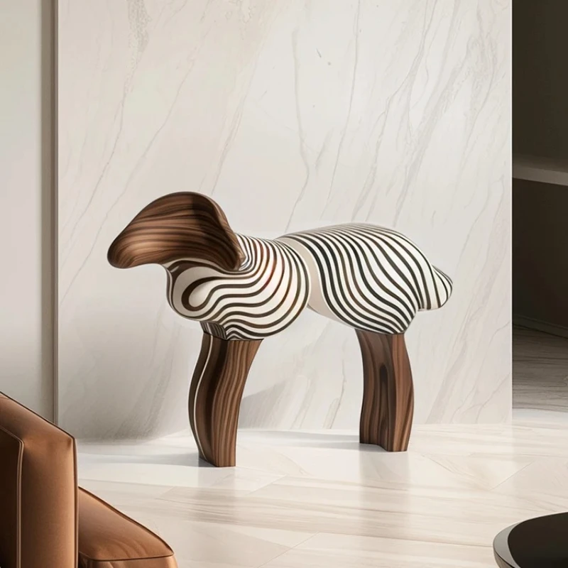 Light Luxury Creative Abstract Lamb Solid Wood Stool Artistic Design Sense Children's  Household Animal Stool
